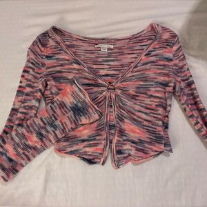 American Eagle Outfitters Pink and Black 3/4 Sleeve Button Down Crop Top